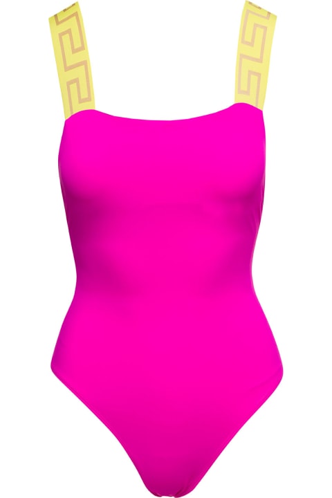 Fucsia One-piece Swimsuit With Greca Motif On The Straps In Polyamide Woman