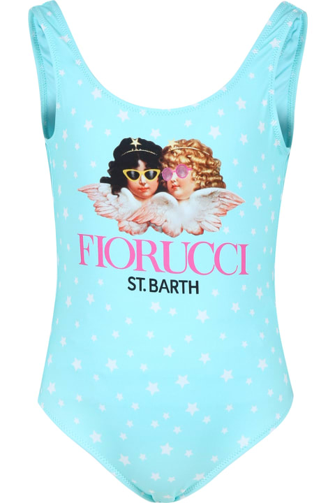 Fashion for Kids MC2 Saint Barth Light Blue Swimsuit For Girl With Angels Print