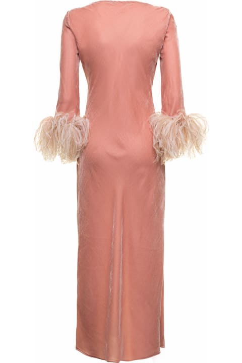 Powder Pink Dress In Velor With Feathers On The Sleeve Bottom Stephan Janson Woman