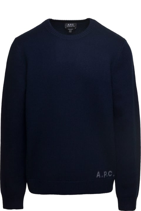 メンズ ニットウェア A.P.C. 'edward' Blue Crewneck Sweater With Embroidered Logo In Wool Man