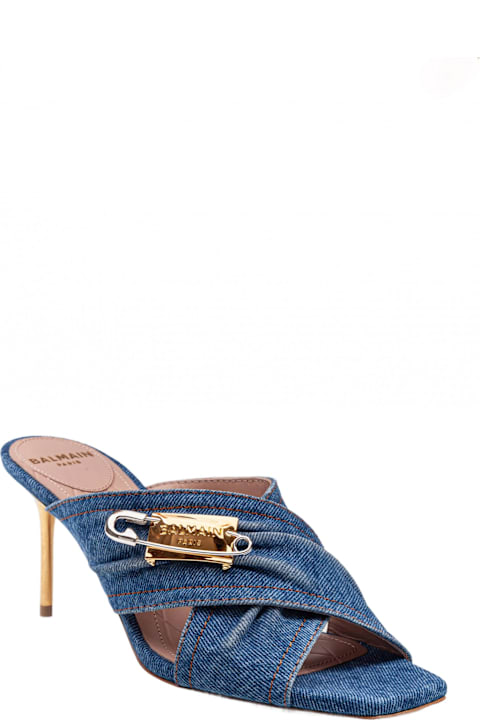 Balmain Sandals for Women Balmain Balmain Safety Mule In Denim Fabric With Applied Pin
