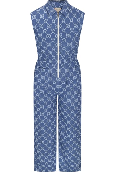Blue Jumpsuit For Girl With Gg Stars