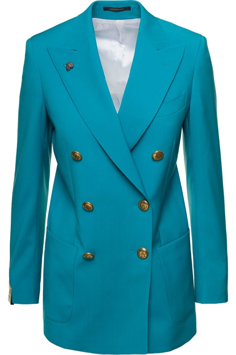 Light Blue Double-breasted Jacket With Logo Charm In Wool Woman