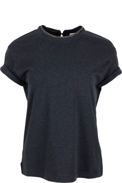 Topwear for Women Brunello Cucinelli Short-sleeved T-shirt In Elasticized Stretch Cotton With A Crew Neck Edged With Jewels