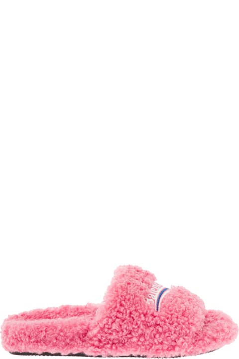 Pink Furry Slide Sandal In Fake Shearling With White And Blue Political Campaign Embroideries Balenciaga Woman