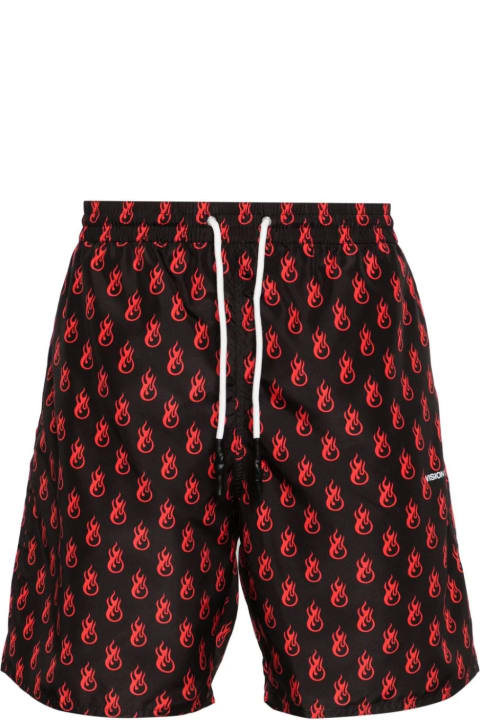 Vision of Super Swimwear for Men Vision of Super Black Swimwear With Red Flames Pattern