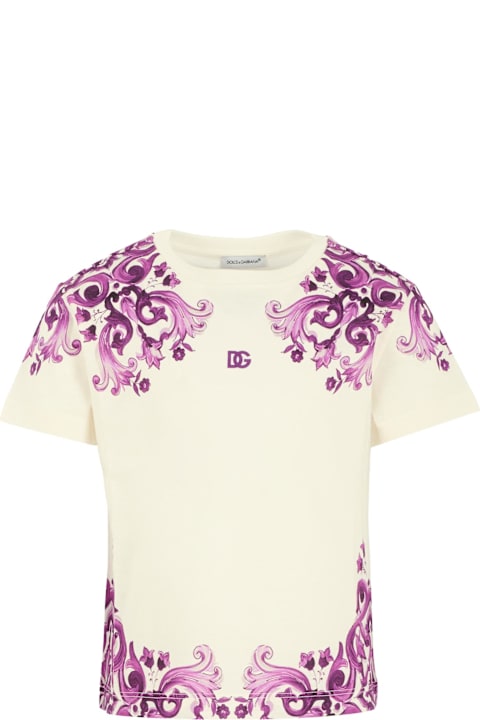 Homeware Dolce & Gabbana White T-shirt For Girl With Logo Dg And Purple Majolica