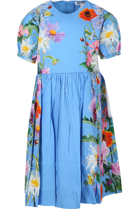 Dresses for Girls Molo Light Blue Casual Casey Dress For Girl With A Floral Pattern