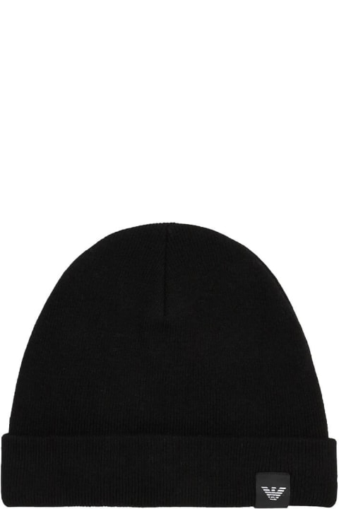 Hats for Men Emporio Armani Black Ribbed Beanie