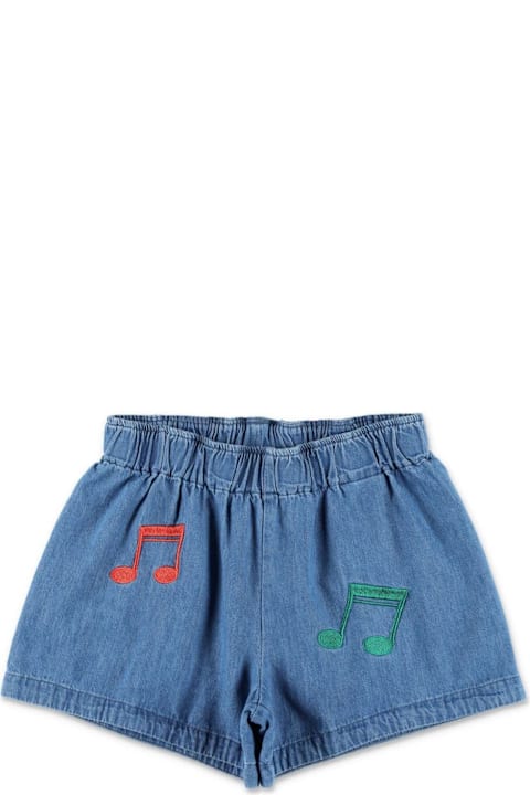 Mini Rodini Bottoms for Women Mini Rodini Blue Shorts With Elastic Waist And Music Notes Embroidery On The Front In Denim Girl