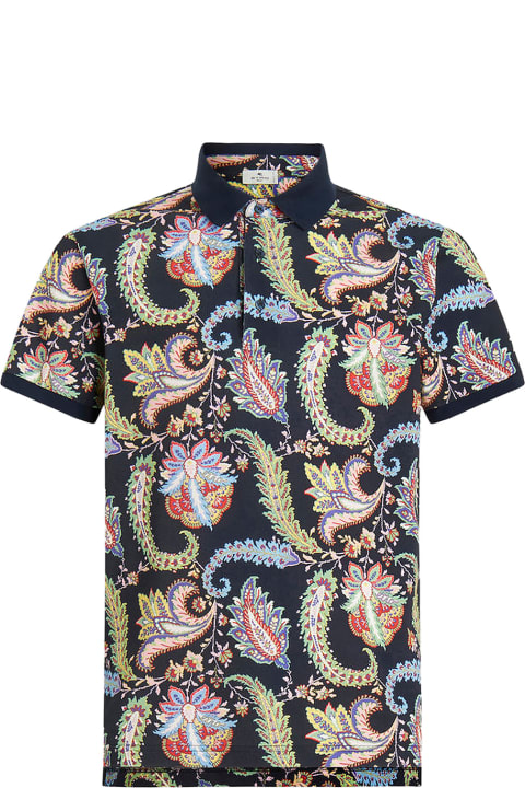 Etro for Men Etro Navy Blue Jacquard Polo Shirt With Floral Paisley Designs