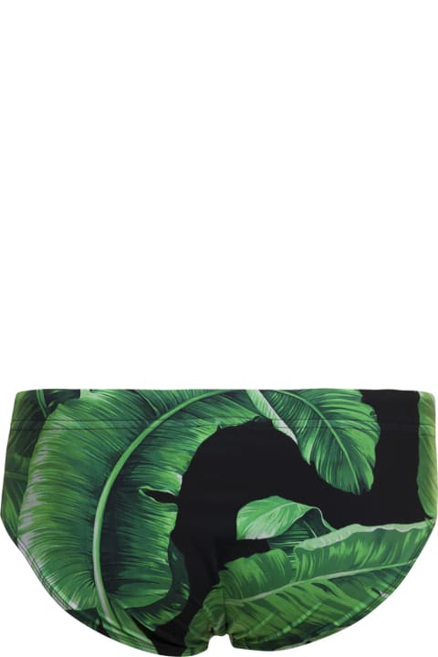 Swimwear for Men Dolce & Gabbana Green Banana Leaf Print Swim Trunks In Polyester Man