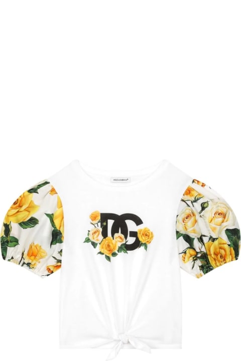 ウィメンズ Dolce & GabbanaのTシャツ＆ポロシャツ Dolce & Gabbana Jersey And Poplin T-shirt With Dg Logo And Yellow Rose Print