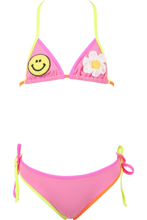 MC2 Saint Barth Swimwear for Girls MC2 Saint Barth Fuchsia Bikini For Girl With Logo, Smiley And Flower Patch