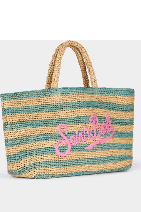 MC2 Saint Barth Turquoise Striped Raffia Beach Bag With Cotton