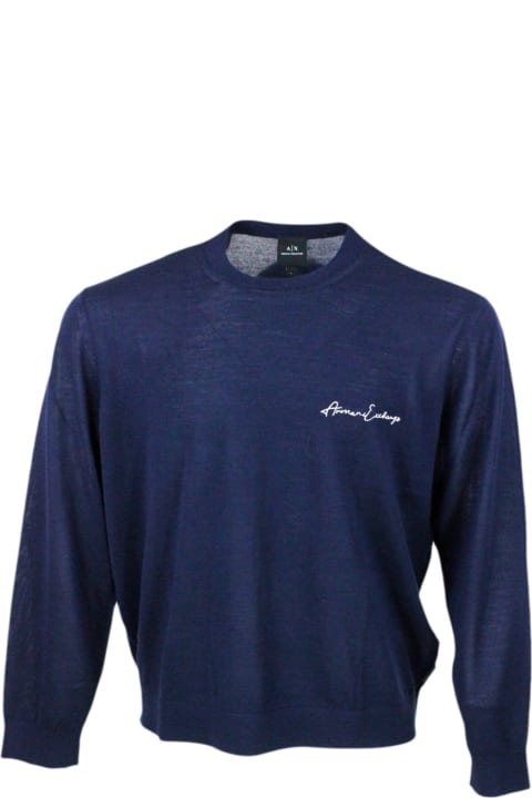 メンズ Armani Collezioniのフリース＆ラウンジウェア Armani Collezioni Lightweight Long-sleeved Crew-neck Sweater Made Of Wool Blend With Logo Writing On The Chest