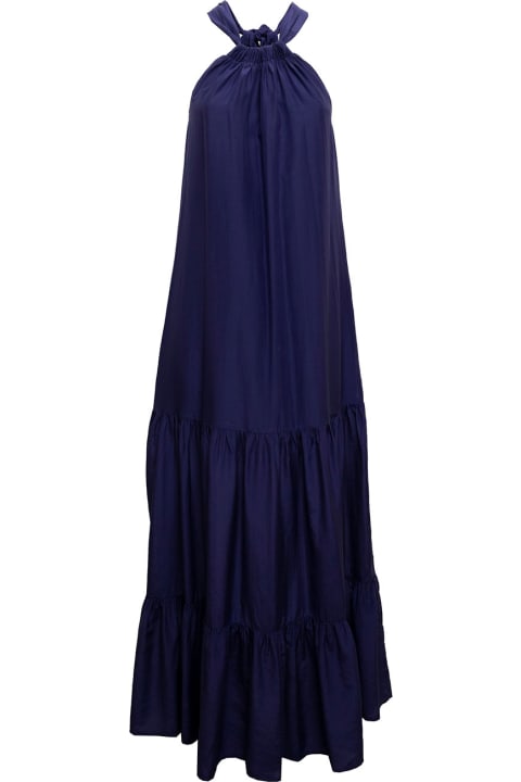 Douuod Woman's Blue Cotton And Silk Long Dress