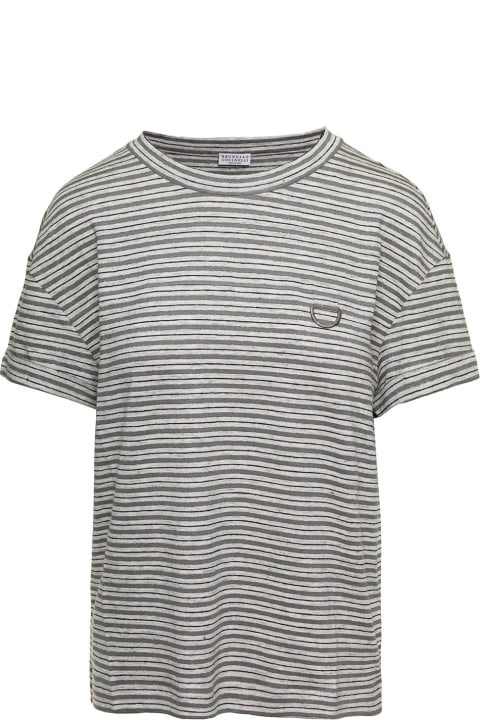 ウィメンズ Brunello Cucinelliのウェア Brunello Cucinelli Striped Short-sleeve T-shirt In Grey Linen Blend Woman