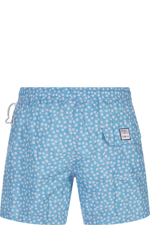 Swimwear for Men Fedeli Sky Blue Swim Shorts With Micro Daisy Pattern