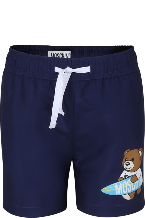 Fashion for Kids Moschino Blue Swimshorts For Boy With Teddy Bear And Logo