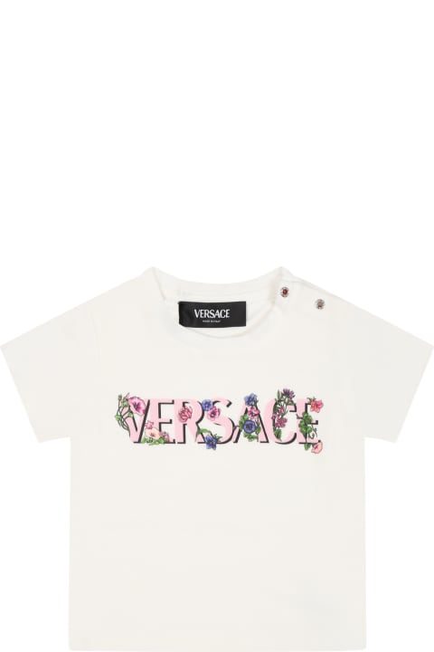 Versace Kids Versace White T-shirt For Baby Girl With Logo