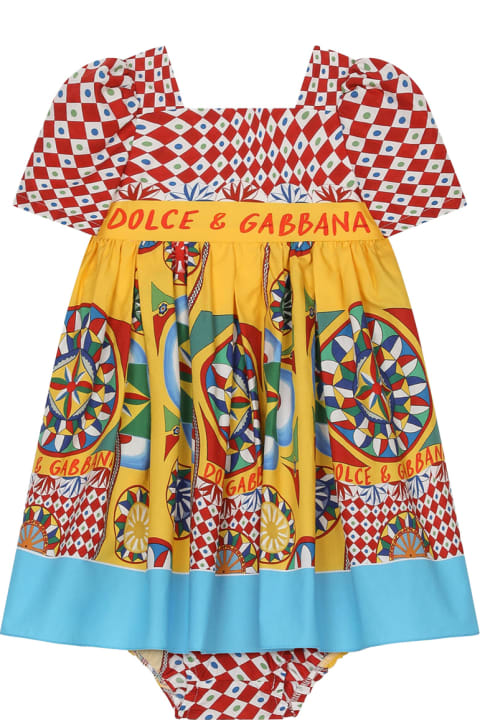Sale for Baby Girls Dolce & Gabbana Short Sleeved Dress In Poplin With Cart Print