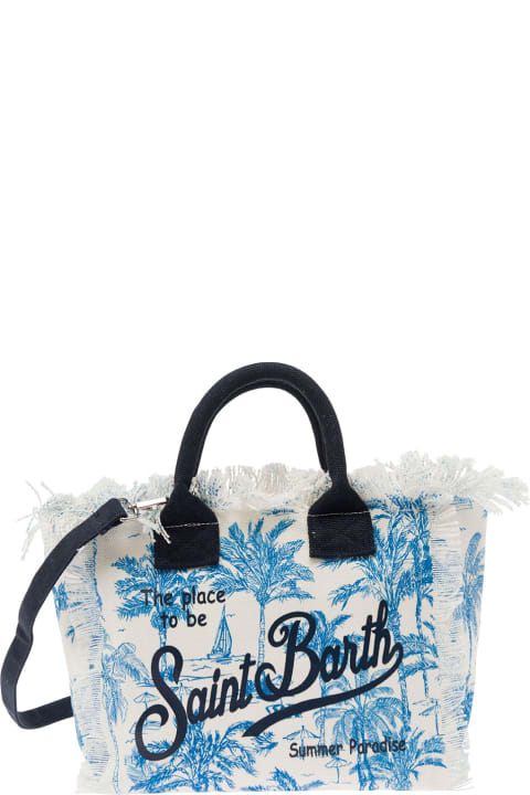 Fashion for Kids MC2 Saint Barth Light Blue And White Handbag With Logo And Palm Print In Cotton Canvas Girl