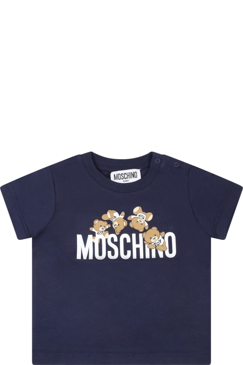 Moschino T-Shirts & Polo Shirts for Baby Girls Moschino Blue T-shirt For Baby Boy With Teddy Bear And Logo