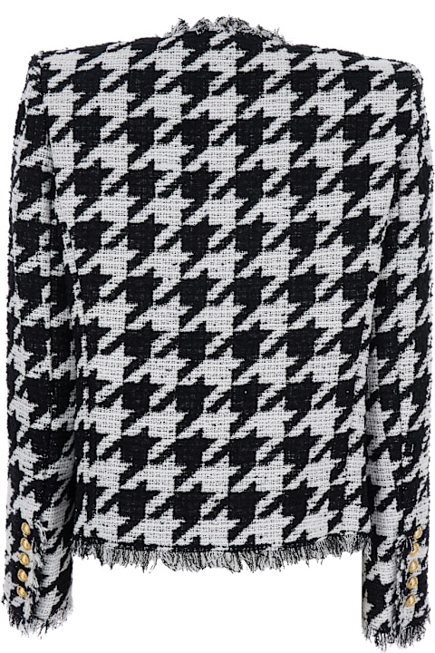 Balmain Coats & Jackets for Women Balmain 'spencer' Black And White Jacket With All-over Check Motif And Fringed Hem In Cotton Blend Woman