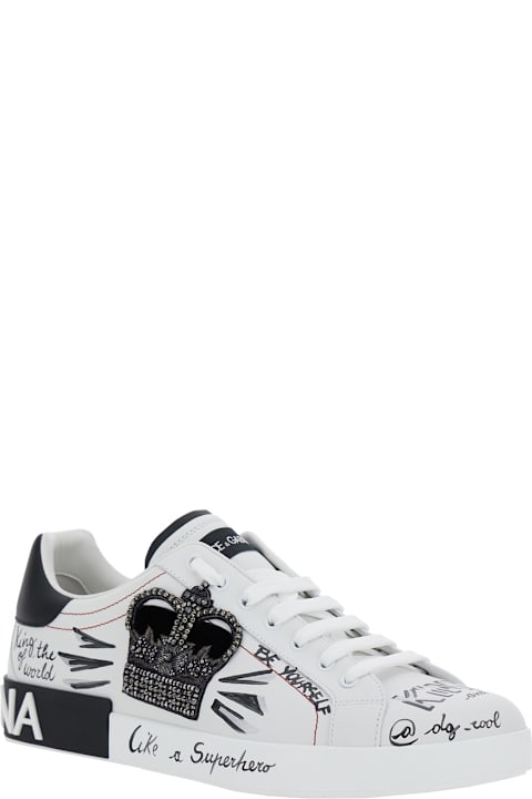 Homeware Dolce 
Gabbana White Low Top Sneakers With Logo Patch On The Tongue And All-over Print In Leather Man