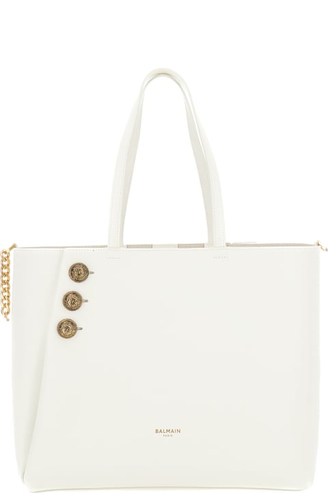 Fashion for Women Balmain 'emblème' White Tote Bag With Balmain Coin Buttons And Logo Print In Smooth Leather Woman