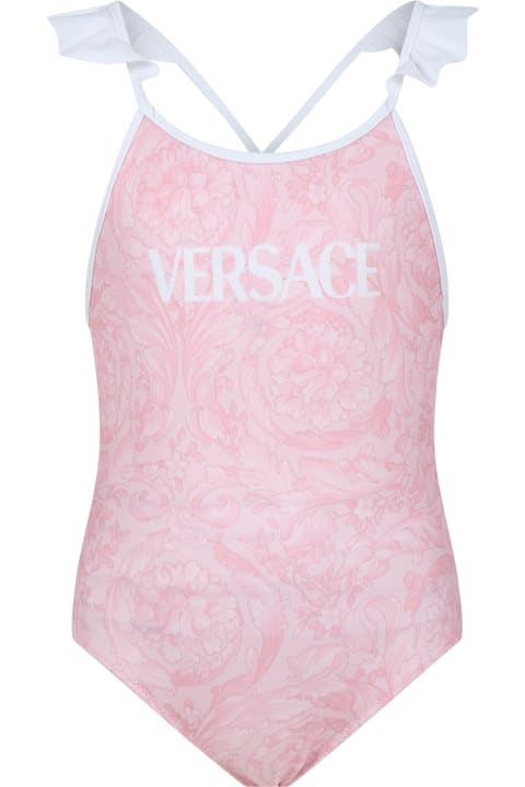 Versace Swimwear for Girls Versace Pink One-piece Swimsuit For Girl With Baroque Print