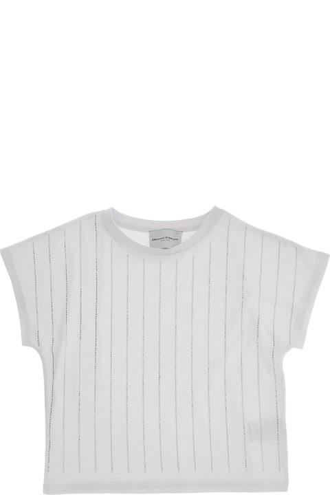 ガールズ Ermanno Scervino JuniorのTシャツ＆ポロシャツ Ermanno Scervino Junior White T-shirt With Rhinestone Pinstripe Effect