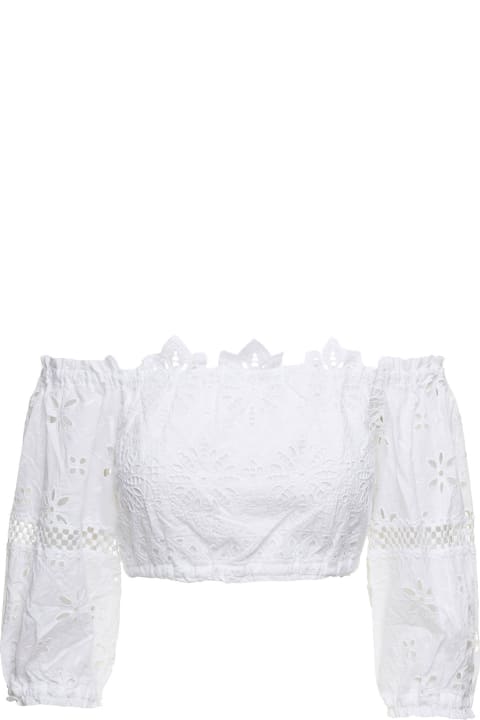 Embroidered Off-shoulder Cropped Top In White Cotton Woman