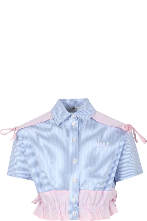 ガールズ MSGMのシャツ MSGM Light Blue Crop Shirt For Girl With Logo