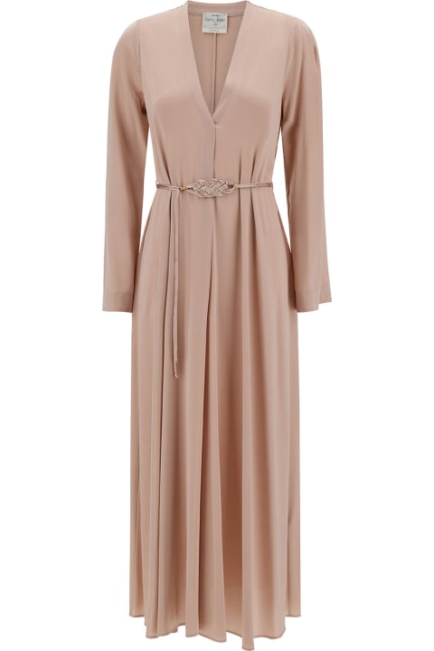 Forte_Forte for Women Forte_Forte Long Pale Pink Dress With Belt And Long Sleeves In Stretch Silk Woman