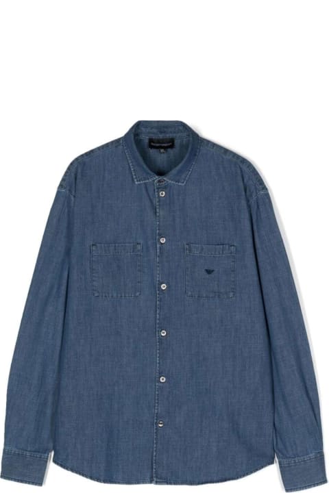 Blue Shirt With Patch Pockets And Logo Embroidery In Cotton Denim Boy
