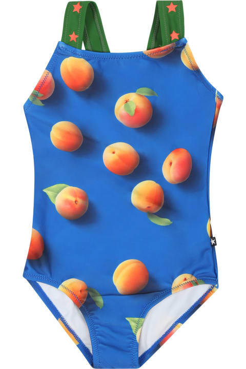 Molo Swimwear for Baby Girls Molo Blue Swimsuit For Baby Girl With Apricot Print