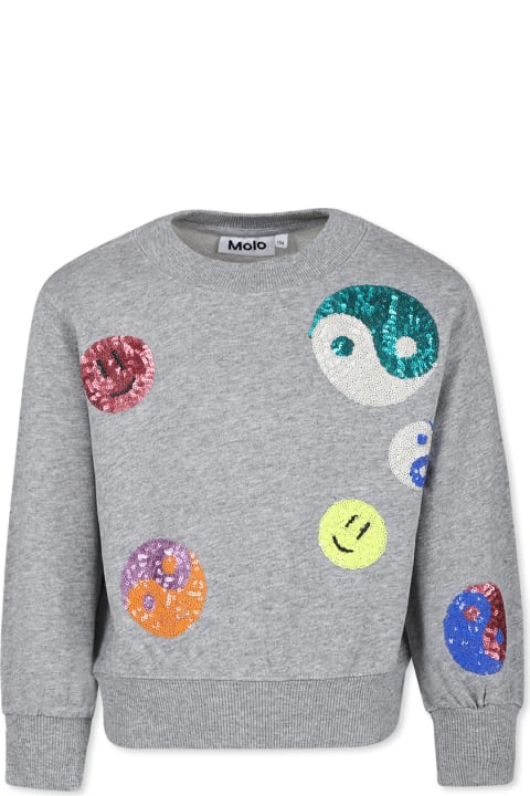 Sweaters & Sweatshirts for Girls Molo Grey Sweatshirt For Girl With Smile And Yin Yang
