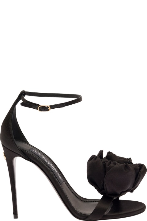 Black Sandals With Tonal Flowers In Satin Woman