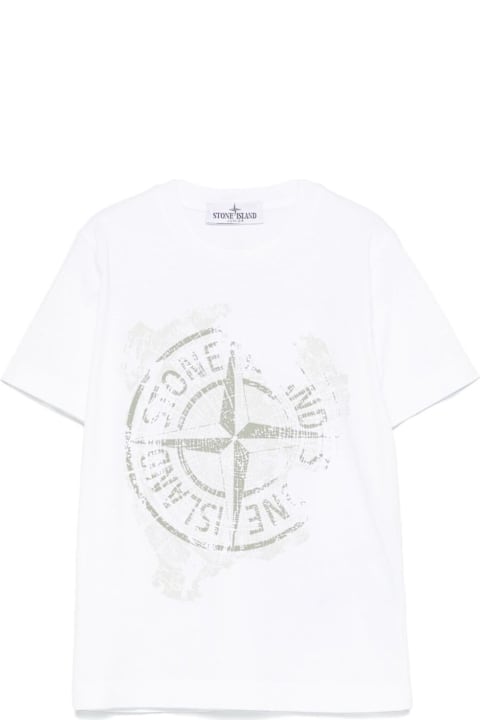 Homeware Stone Island Junior White Crewneck T-shirt With Maxi Logo Print On The Front And Logo Lettering On The Rear In Cotton Boy