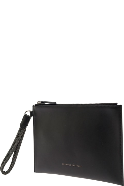 Clutches for Women Brunello Cucinelli Black Clutch With Monile Wrist Strap In Leather Woman