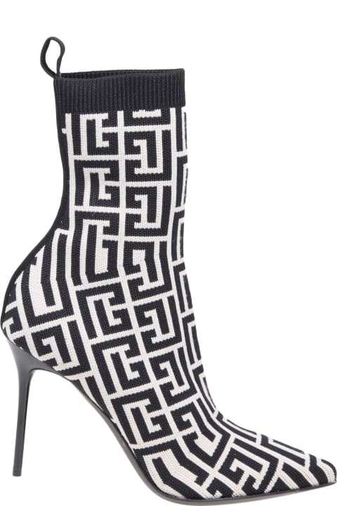 ウィメンズ ブーツ Balmain Black And Ivory Knitted Monogram Ankle Boots