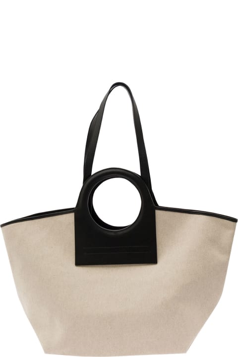 Hereu حقائب توتي لـ السيدات Hereu 'cala' White And Black Handbag With Leather Handles In Canvas Woman