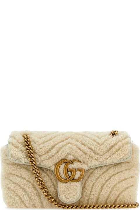 Gucci Women Gucci Ivory Shearling Small Gg Marmont Shoulder Bag
