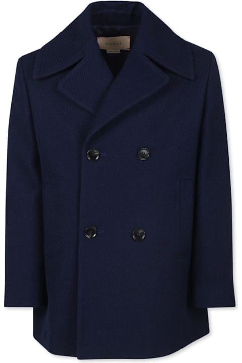 Gucci Topwear for Boys Gucci Blue Double-breasted Coat With Rear Web And Logo Print In Wool Blend Boy