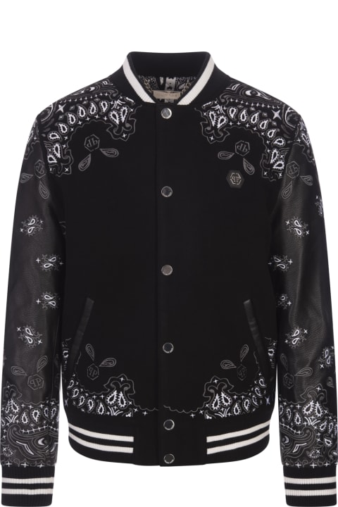 Philipp Plein Coats & Jackets for Men Philipp Plein Foulard Paisley Bomber Jacket In Black Wool And Leather
