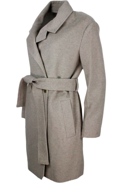 Coat In Woolen Cloth With Double-breasted Closure And With Belt At The Waist. Welt Pockets
