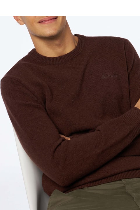 Homeware MC2 Saint Barth Man Crewneck Brown Lambswool Sweater With St. Barth Embroidery