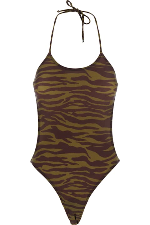 Swimwear for Women The Attico Green Swimsuit With Halterneck With Tie And All-over Print In Tech Fabric Stretch Woman